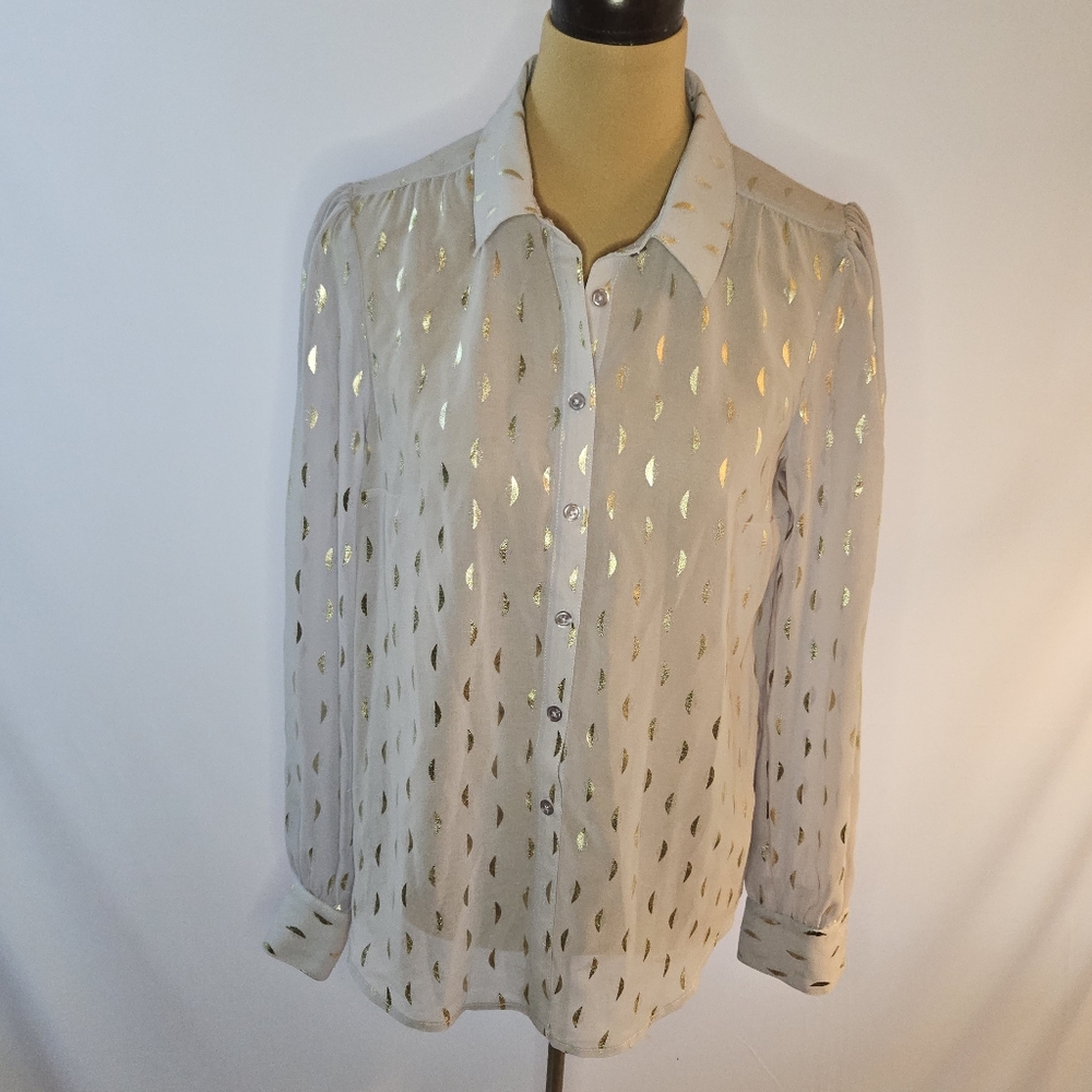 Modcloth Cream Blouse with Gold Leaf Pattern - M